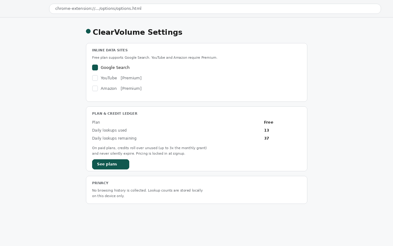 ClearVolume options page showing site toggles and plan details